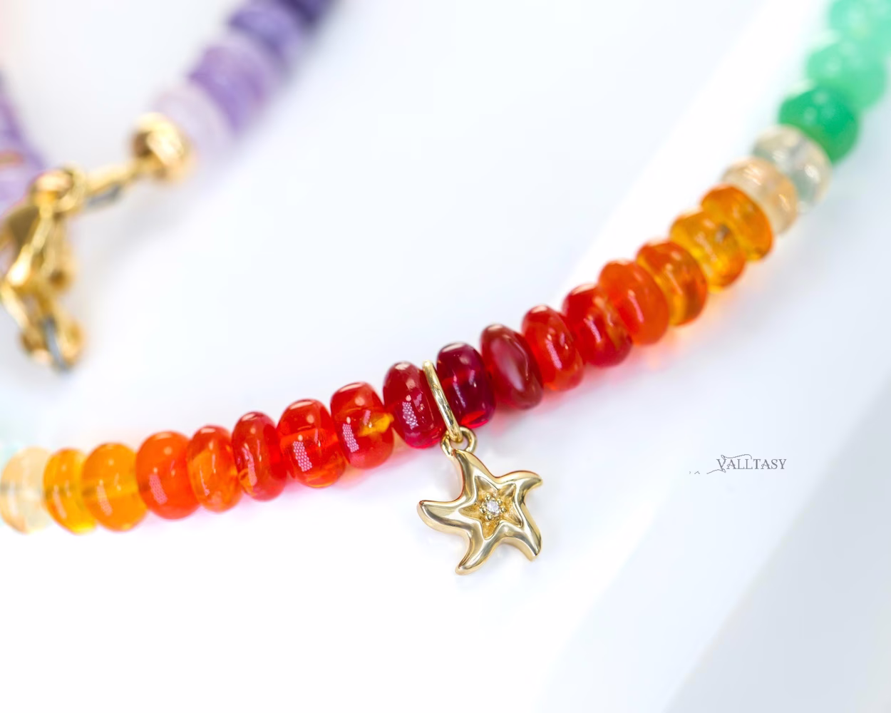 - Solid Gold 14K Multi Opal Beaded Necklace: Mexican Fire Opal, Pink Opal, Blue Opal with a Diamond Starfish Charm