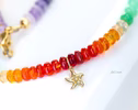 - Solid Gold 14K Multi Opal Beaded Necklace: Mexican Fire Opal, Pink Opal, Blue Opal with a Diamond Starfish Charm