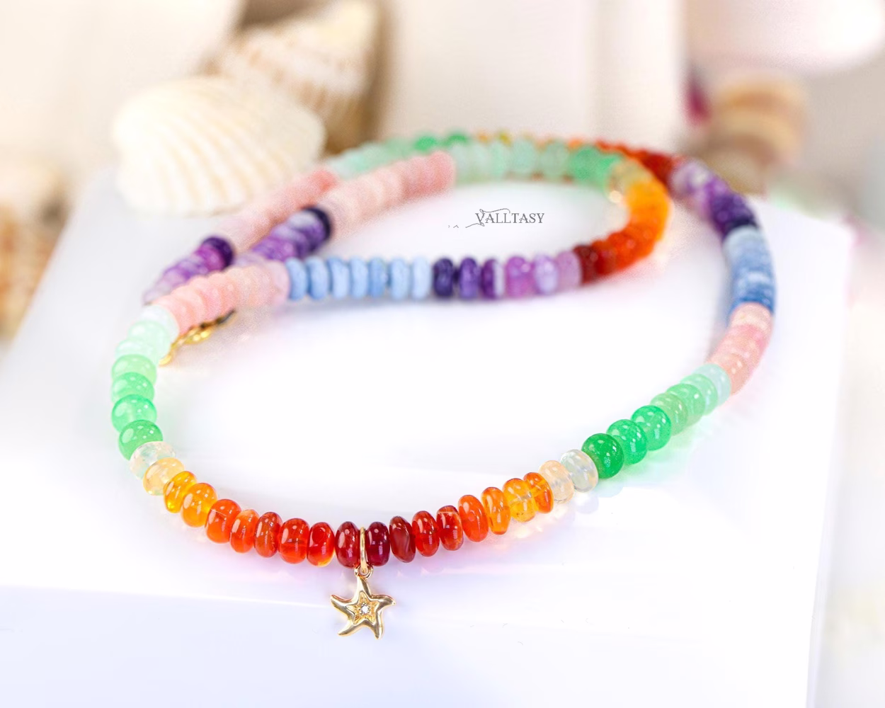 - Solid Gold 14K Multi Opal Beaded Necklace: Mexican Fire Opal, Pink Opal, Blue Opal with a Diamond Starfish Charm