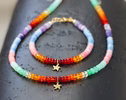 - Solid Gold 14K Multi Opal Beaded Necklace: Mexican Fire Opal, Pink Opal, Blue Opal with a Diamond Starfish Charm