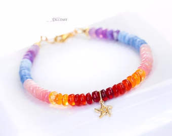 - Solid Gold 14K Multi Opal Bracelet: Mexican Fire Opal, Pink Opal, Blue Opal with a Diamond Starfish Charm