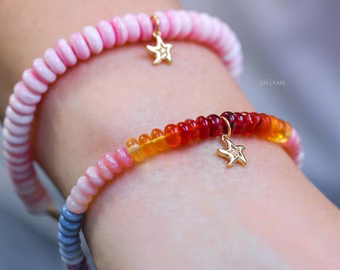 - Solid Gold 14K Multi Opal Bracelet: Mexican Fire Opal, Pink Opal, Blue Opal with a Diamond Starfish Charm