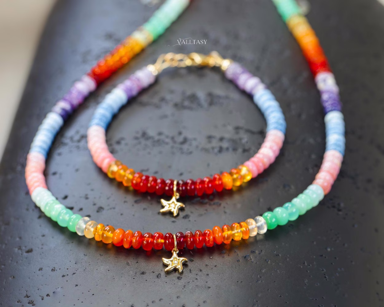 - Solid Gold 14K Multi Opal Bracelet: Mexican Fire Opal, Pink Opal, Blue Opal with a Diamond Starfish Charm