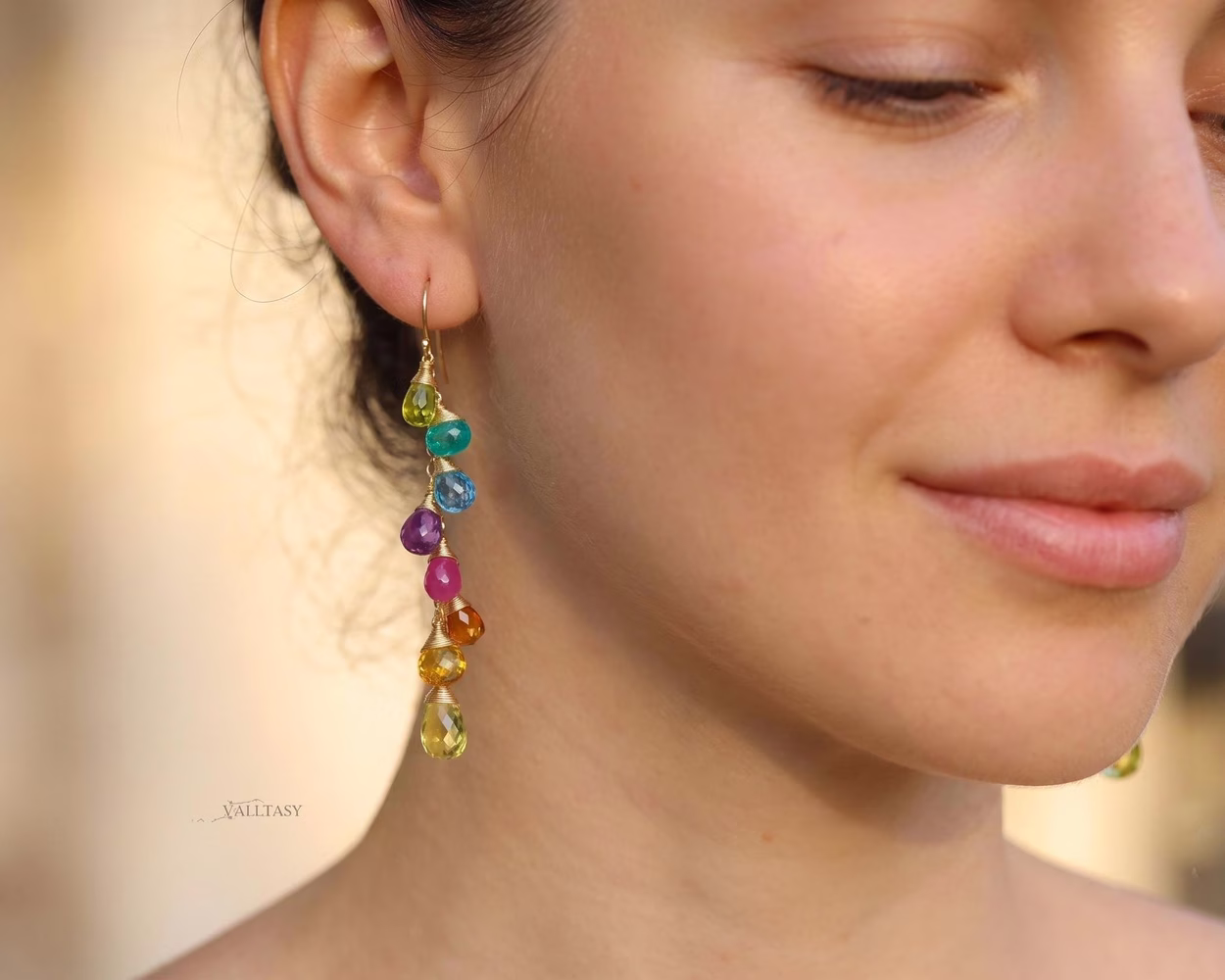 Rainbow Multi Gemstone Drop Earrings, Linear Gemstone Earrings