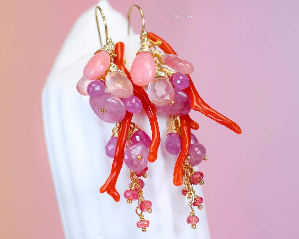 Italian Coral Gemstone Cluster Earrings with Pink Sapphires and Opals