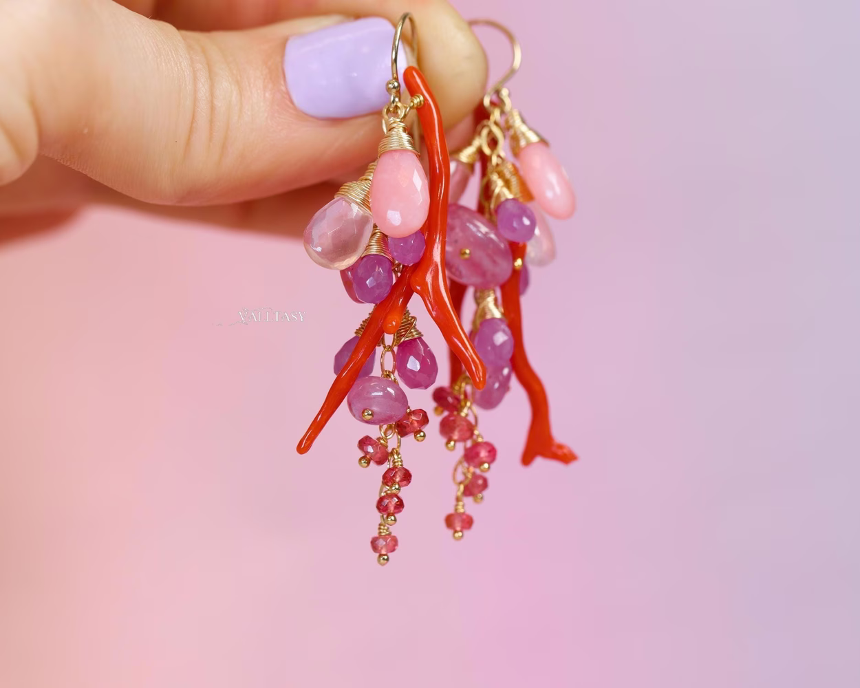 Italian Coral Gemstone Cluster Earrings with Pink Sapphires and Opals