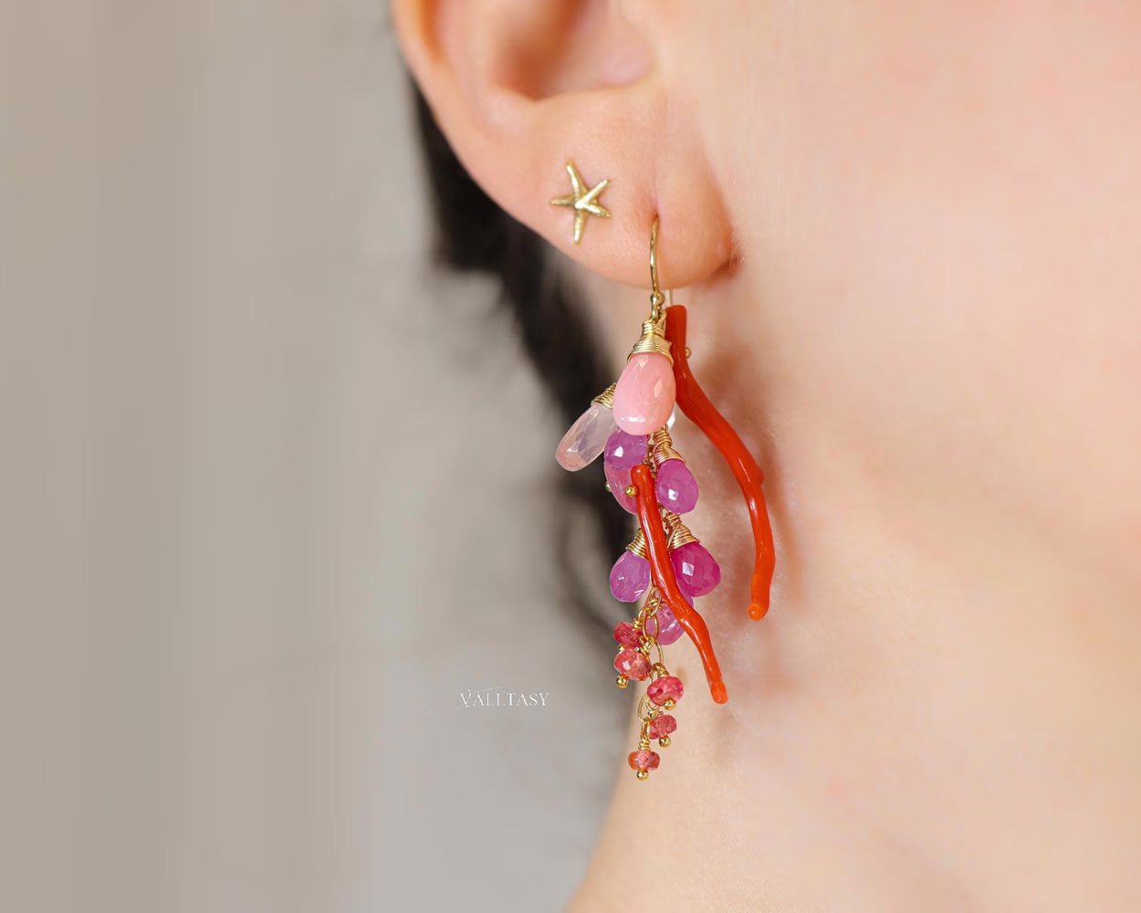 Italian Coral Gemstone Cluster Earrings with Pink Sapphires and Opals