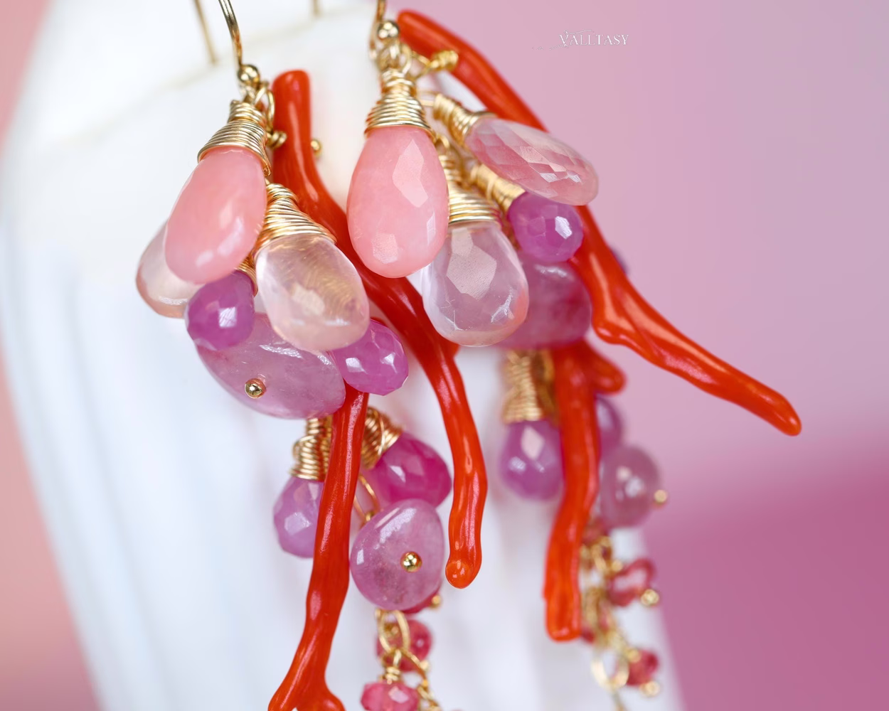 Italian Coral Gemstone Cluster Earrings with Pink Sapphires and Opals