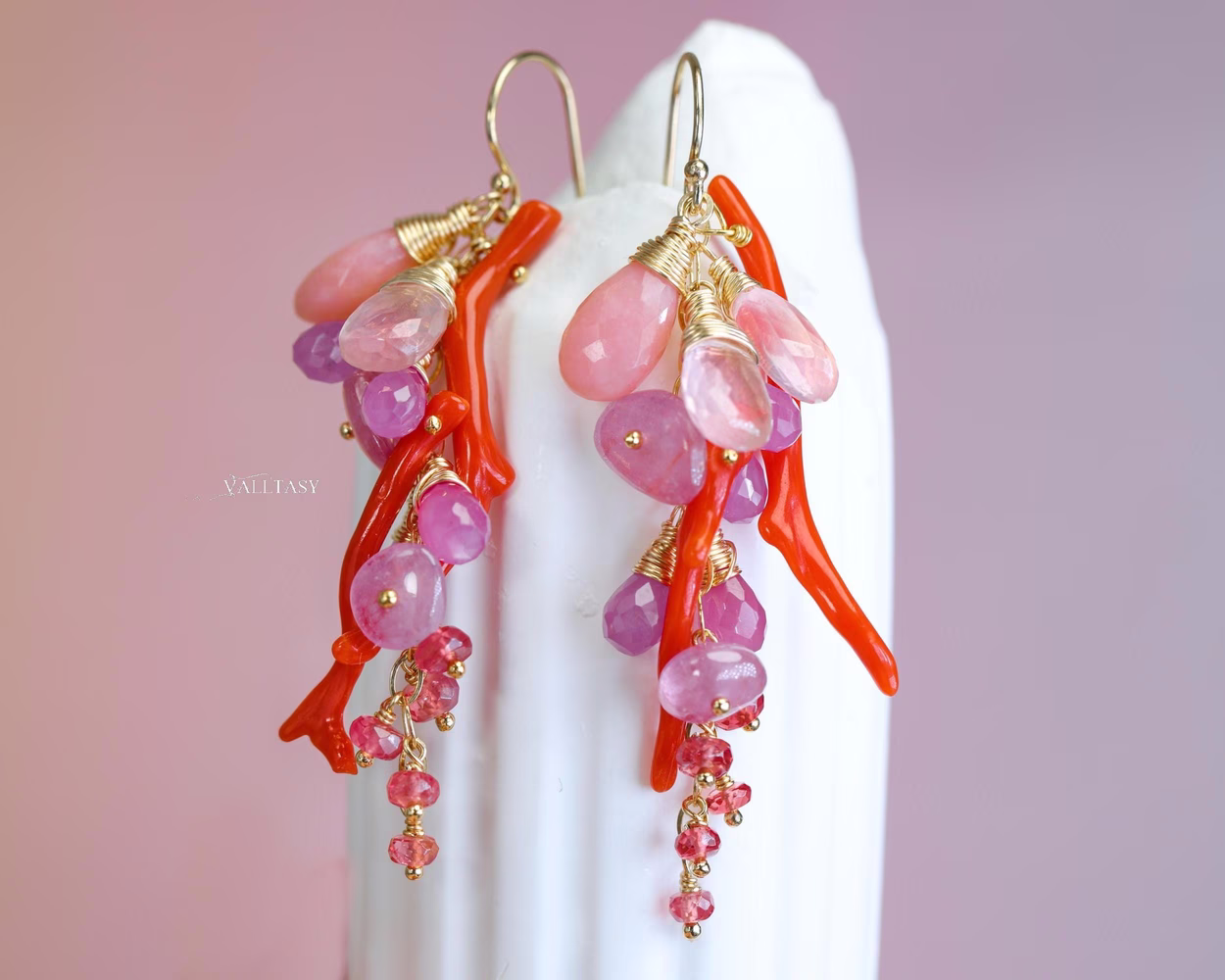 Italian Coral Gemstone Cluster Earrings with Pink Sapphires and Opals