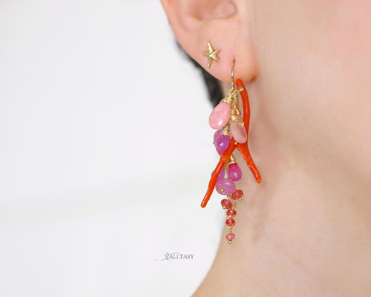 Italian Coral Gemstone Cluster Earrings with Pink Sapphires and Opals