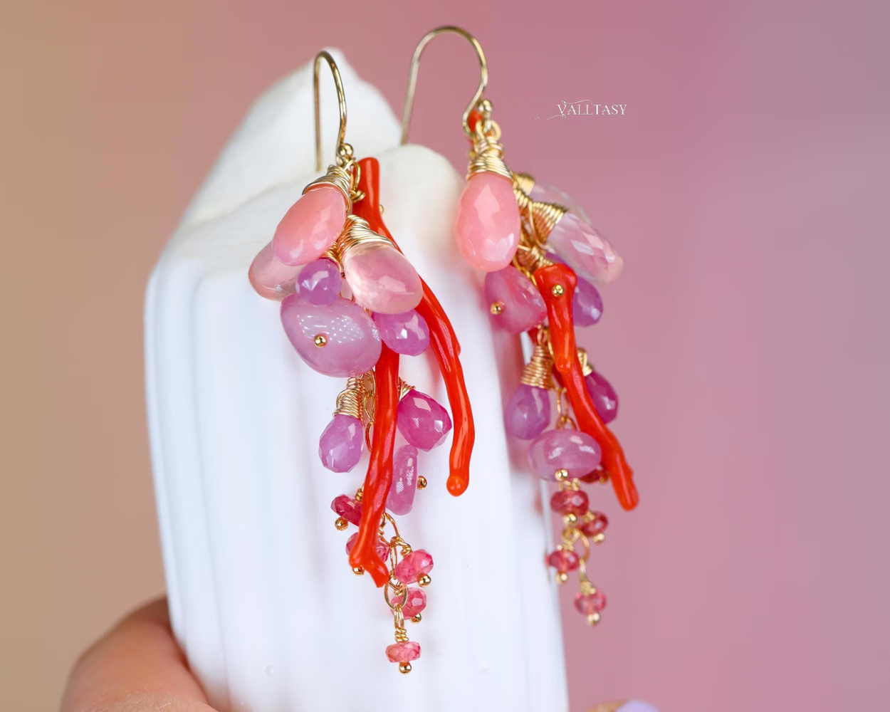 Italian Coral Gemstone Cluster Earrings with Pink Sapphires and Opals
