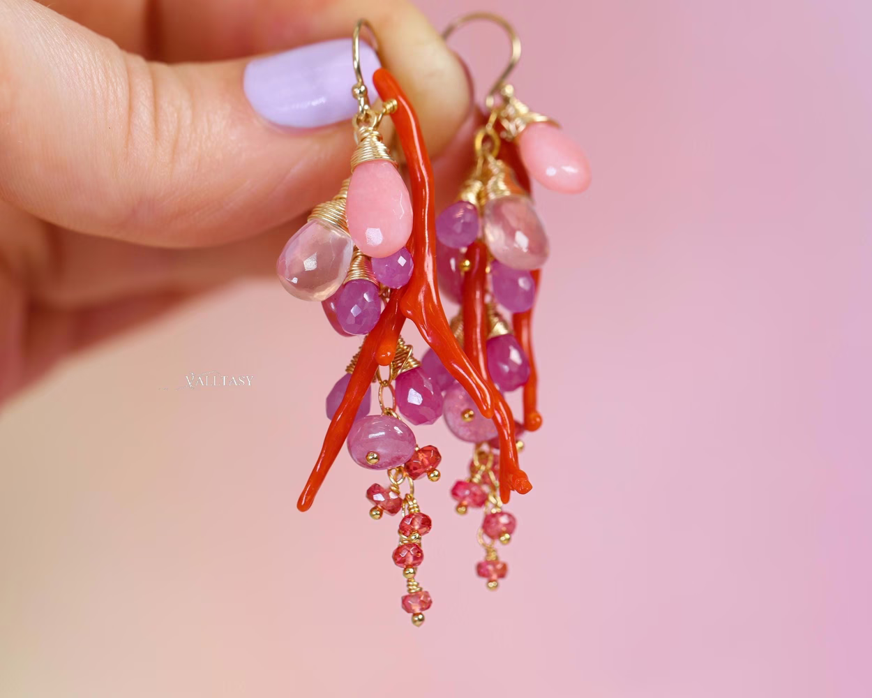 Italian Coral Gemstone Cluster Earrings with Pink Sapphires and Opals