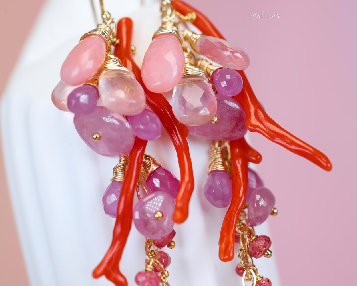 Italian Coral Gemstone Cluster Earrings with Pink Sapphires and Opals