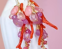 Italian Coral Gemstone Cluster Earrings with Pink Sapphires and Opals
