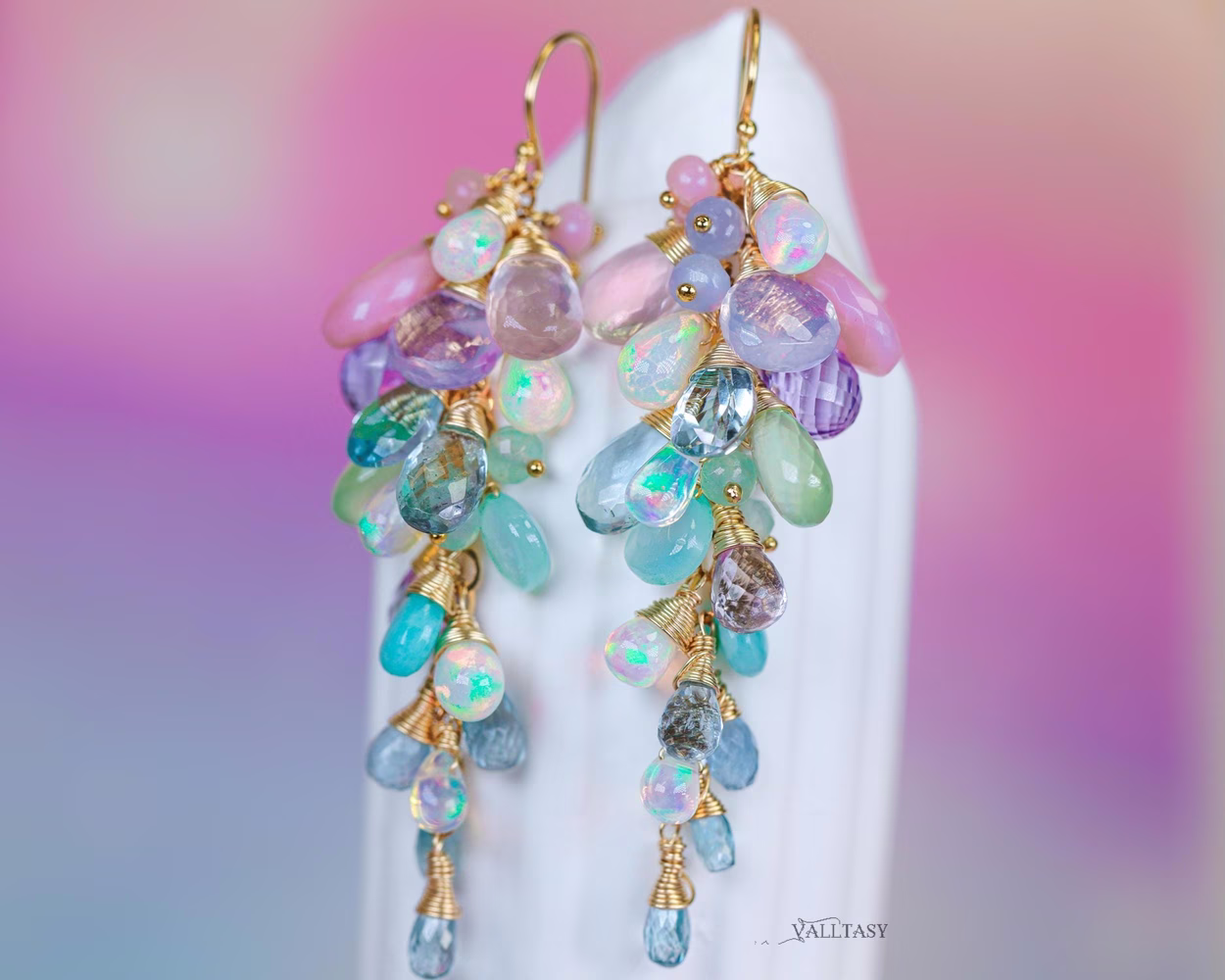 - Pastel Gemstone Cluster Earrings with Ethiopian Opals
