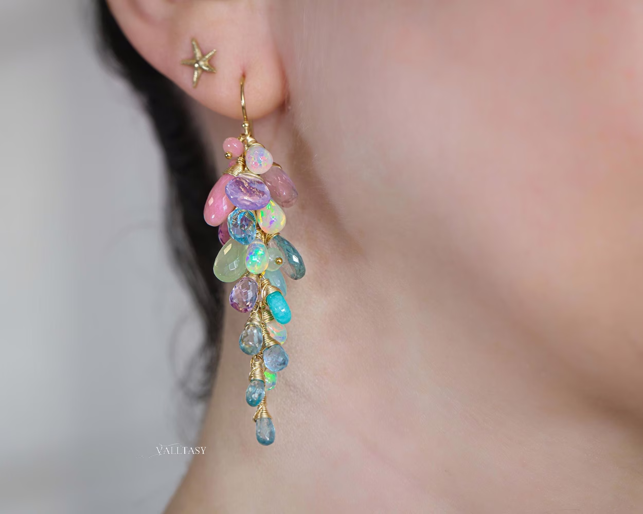 - Pastel Gemstone Cluster Earrings with Ethiopian Opals
