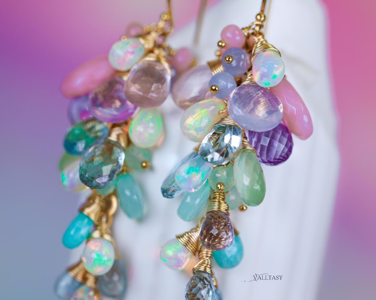 - Pastel Gemstone Cluster Earrings with Ethiopian Opals