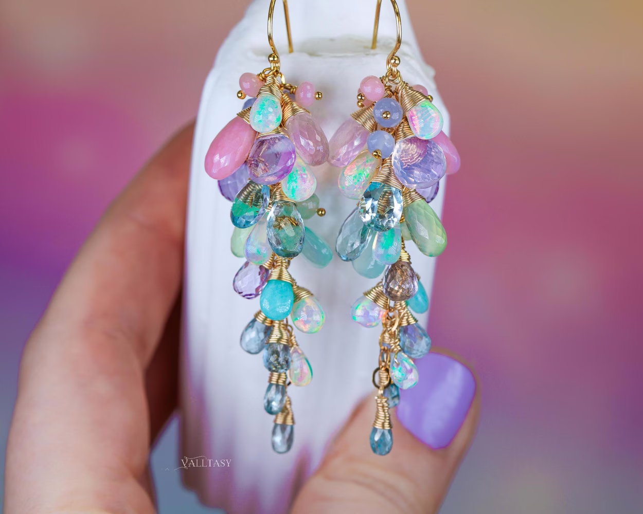 - Pastel Gemstone Cluster Earrings with Ethiopian Opals