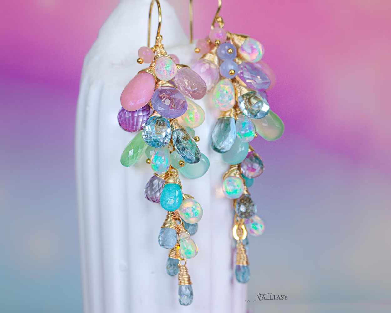 - Pastel Gemstone Cluster Earrings with Ethiopian Opals