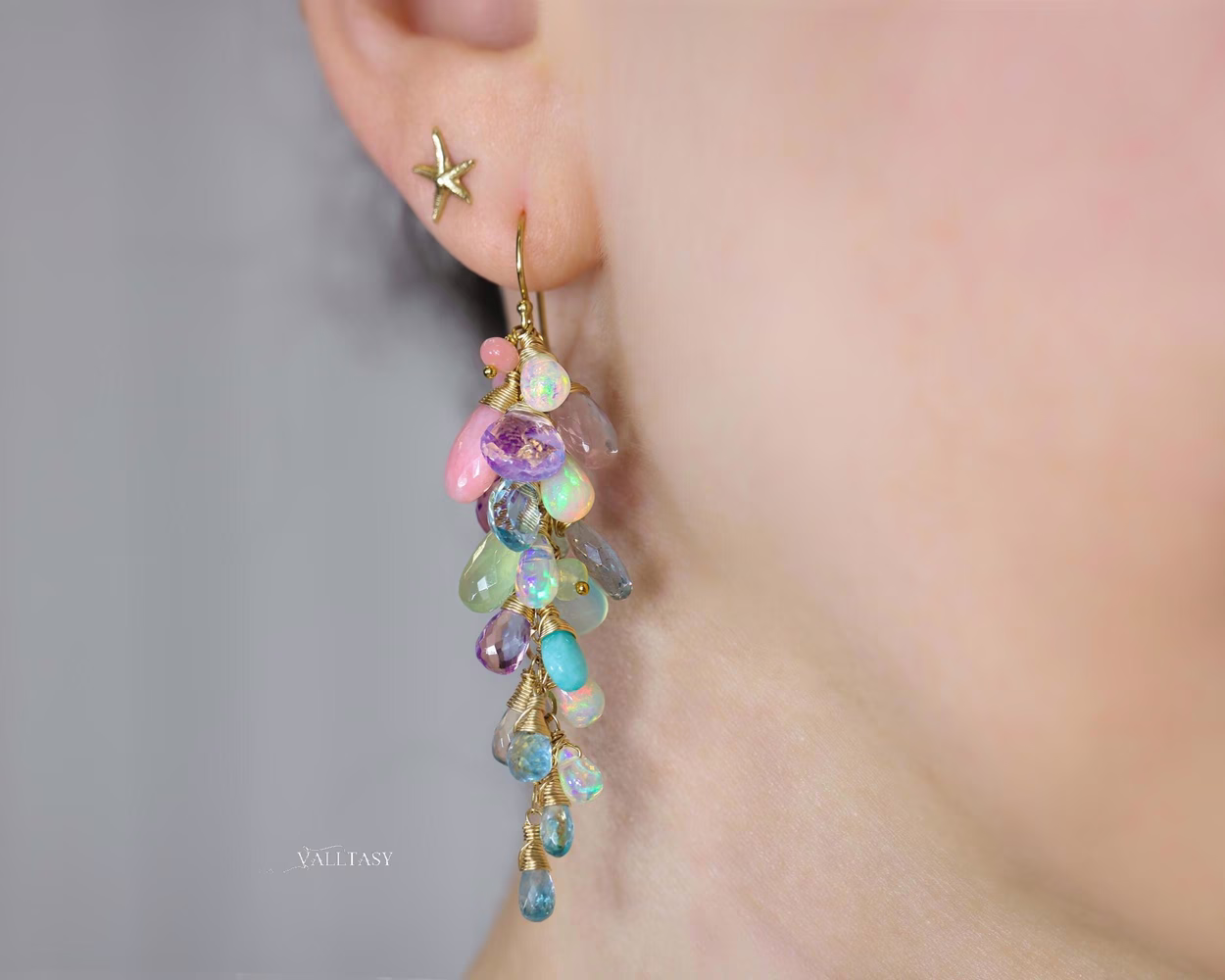 - Pastel Gemstone Cluster Earrings with Ethiopian Opals