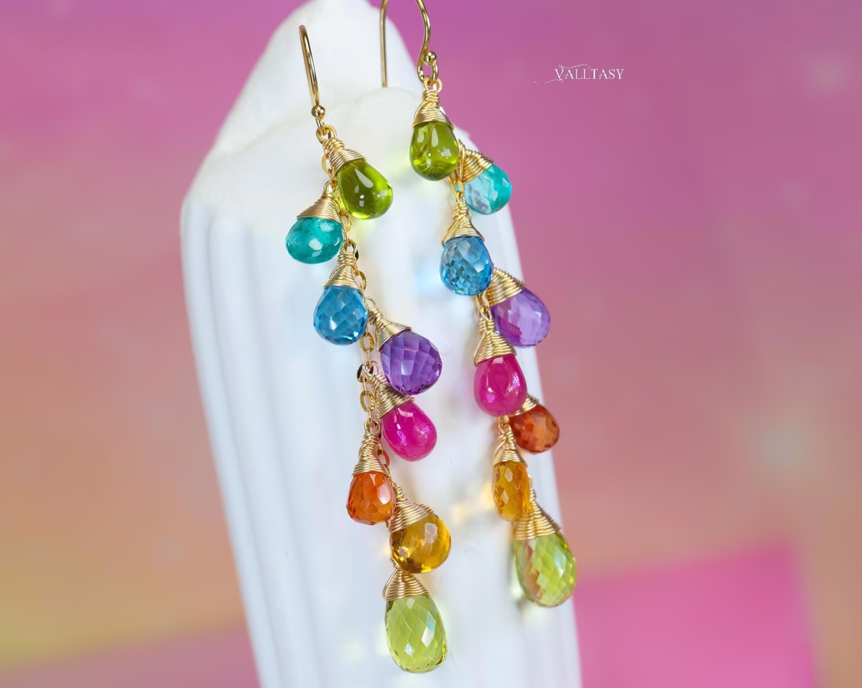 Rainbow Multi Gemstone Drop Earrings, Linear Gemstone Earrings