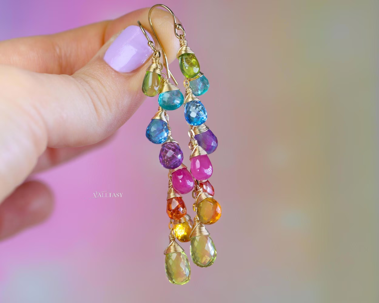 Rainbow Multi Gemstone Drop Earrings, Linear Gemstone Earrings