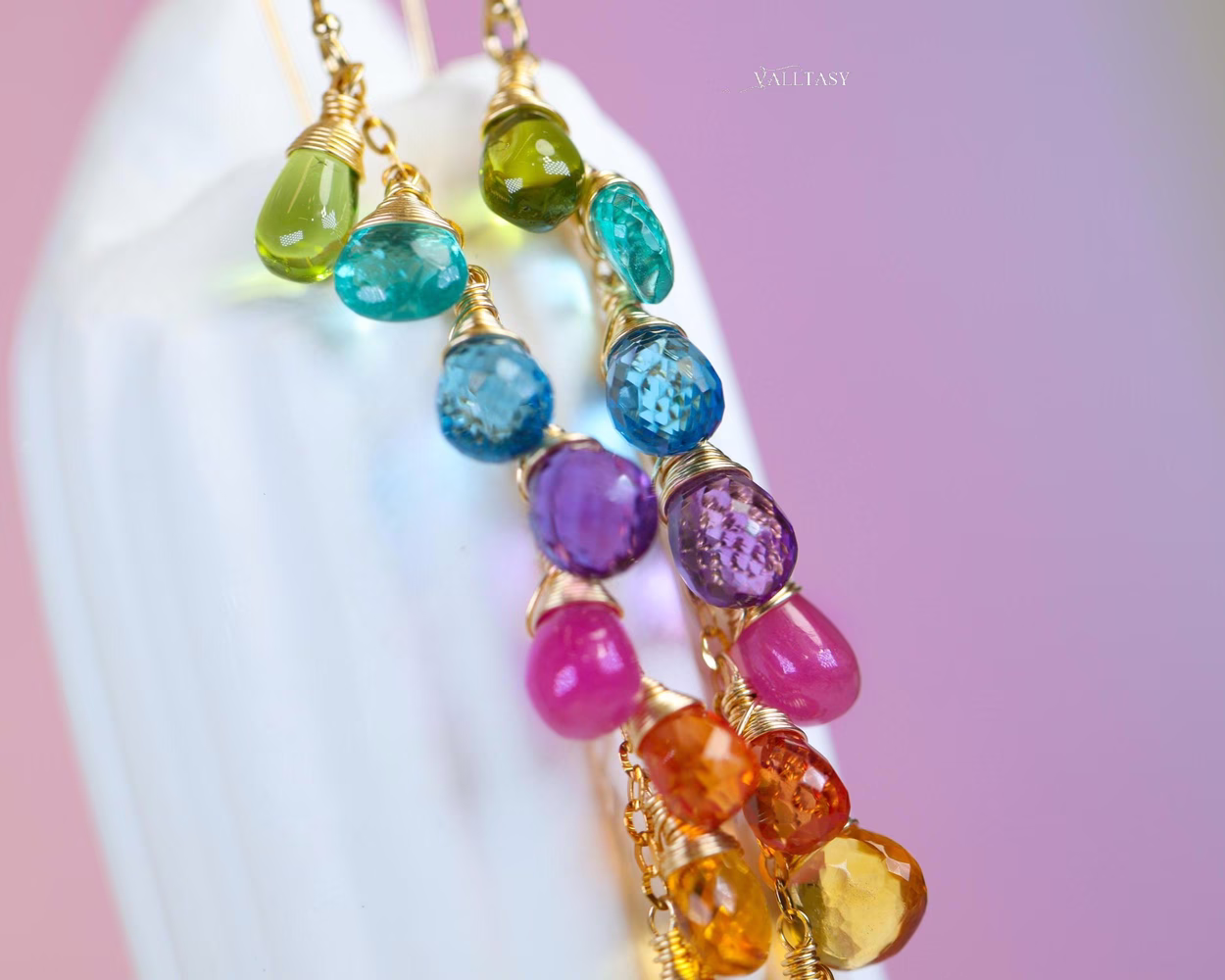 Rainbow Multi Gemstone Drop Earrings, Linear Gemstone Earrings