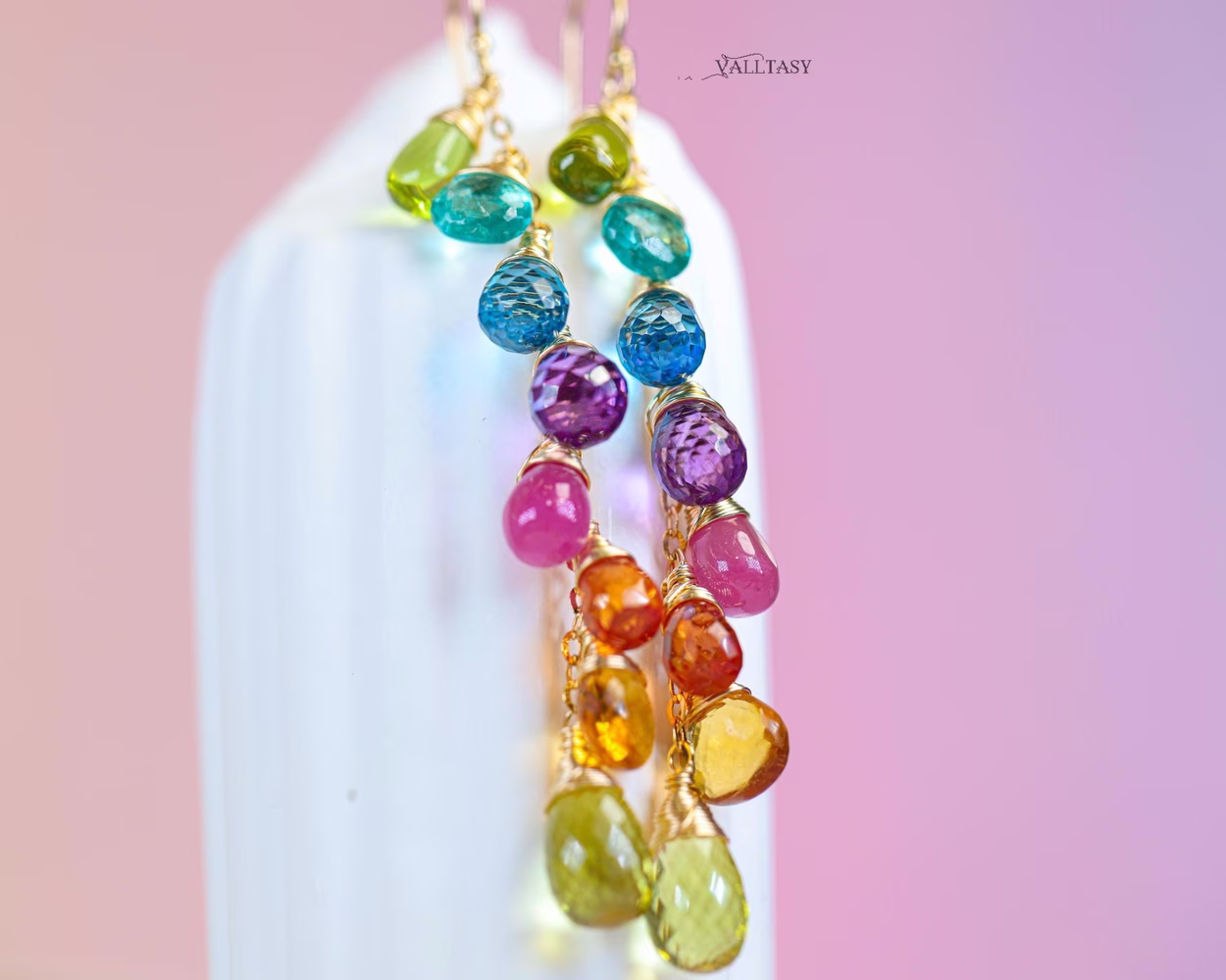 Rainbow Multi Gemstone Drop Earrings, Linear Gemstone Earrings