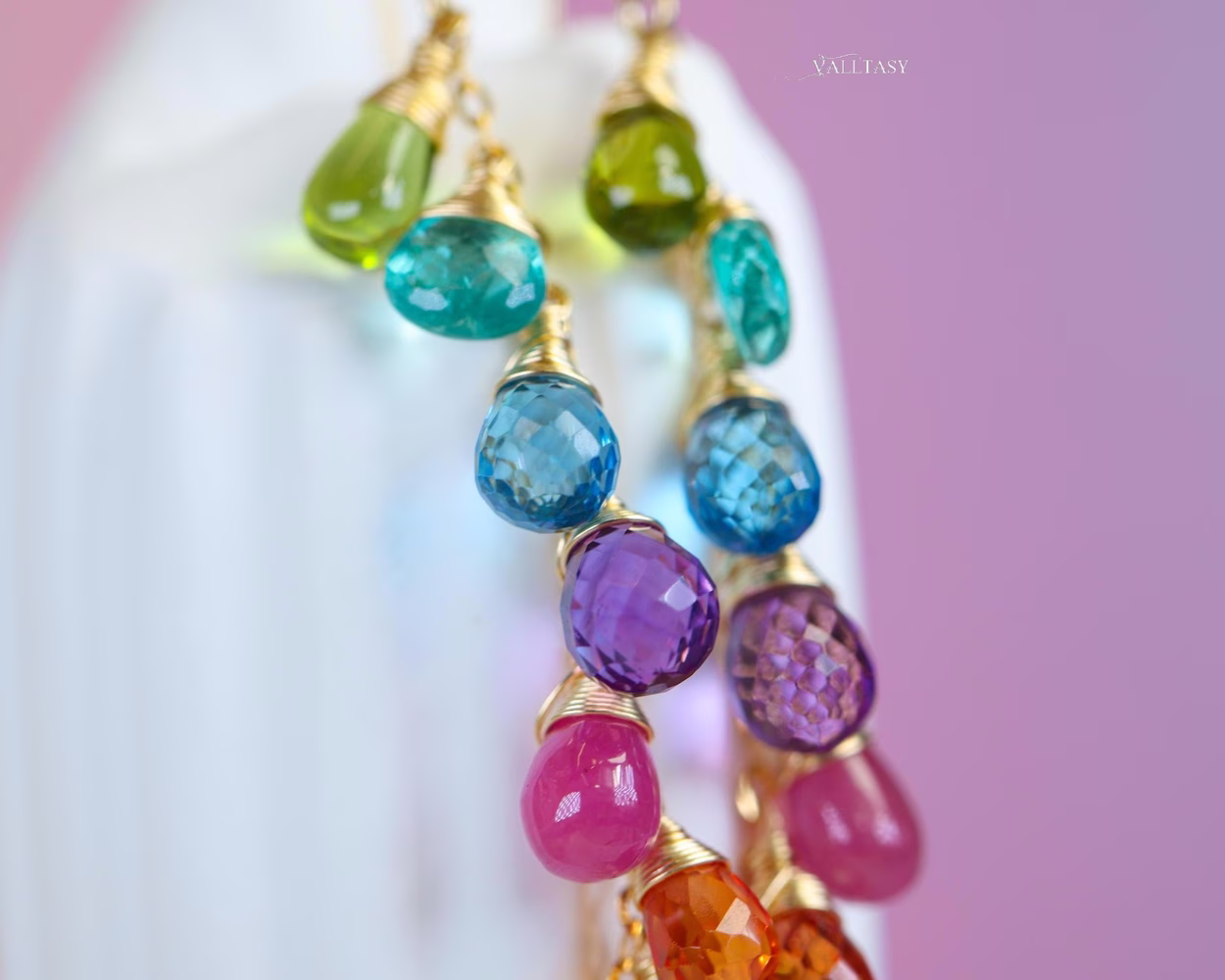 Rainbow Multi Gemstone Drop Earrings, Linear Gemstone Earrings