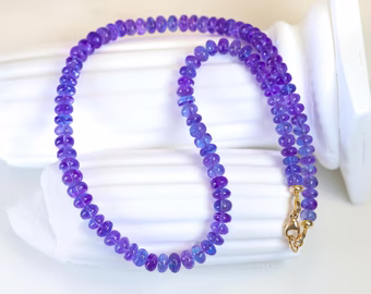 - Solid Gold 14K Tanzanite Necklace, Beaded Precious Stone Necklace