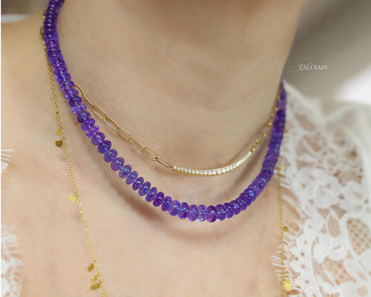 - Solid Gold 14K Tanzanite Necklace, Beaded Precious Stone Necklace