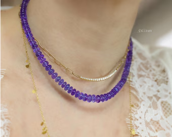 - Solid Gold 14K Tanzanite Necklace, Beaded Precious Stone Necklace