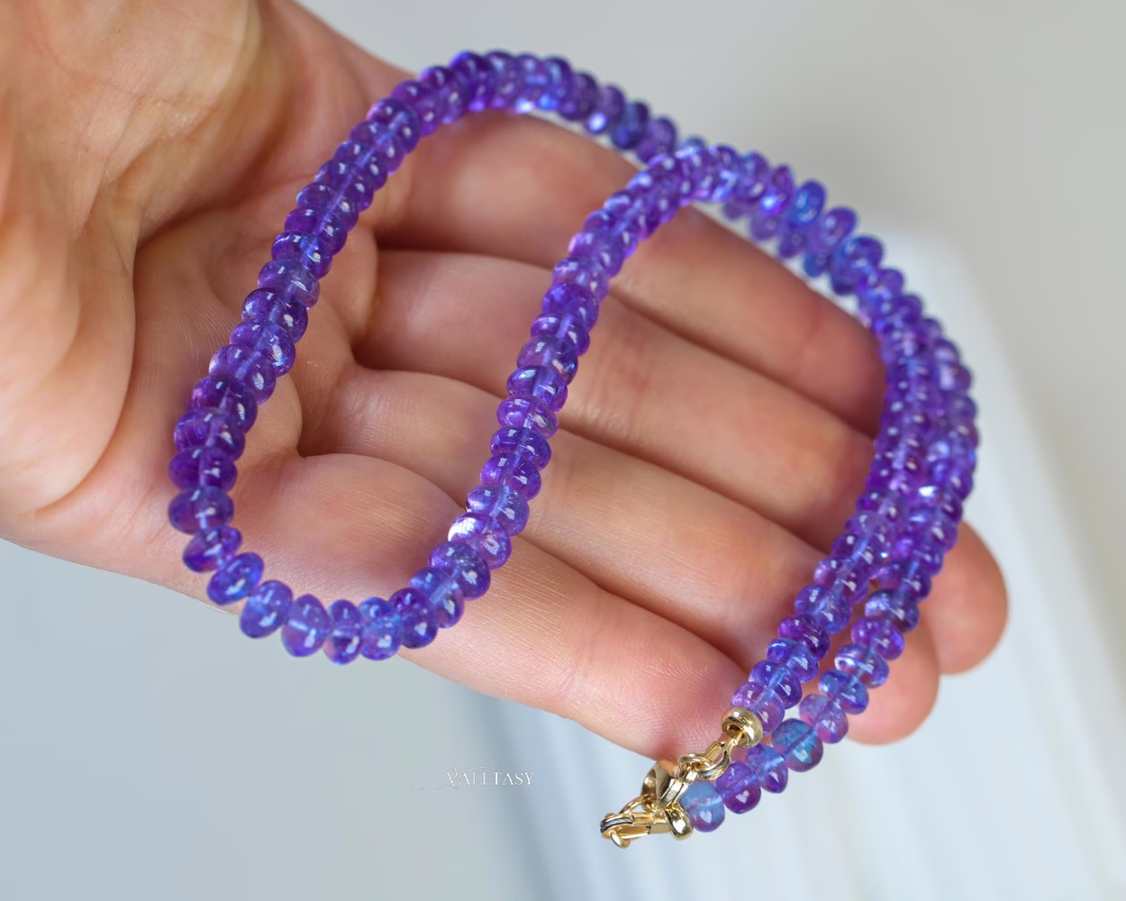 - Solid Gold 14K Tanzanite Necklace, Beaded Precious Stone Necklace