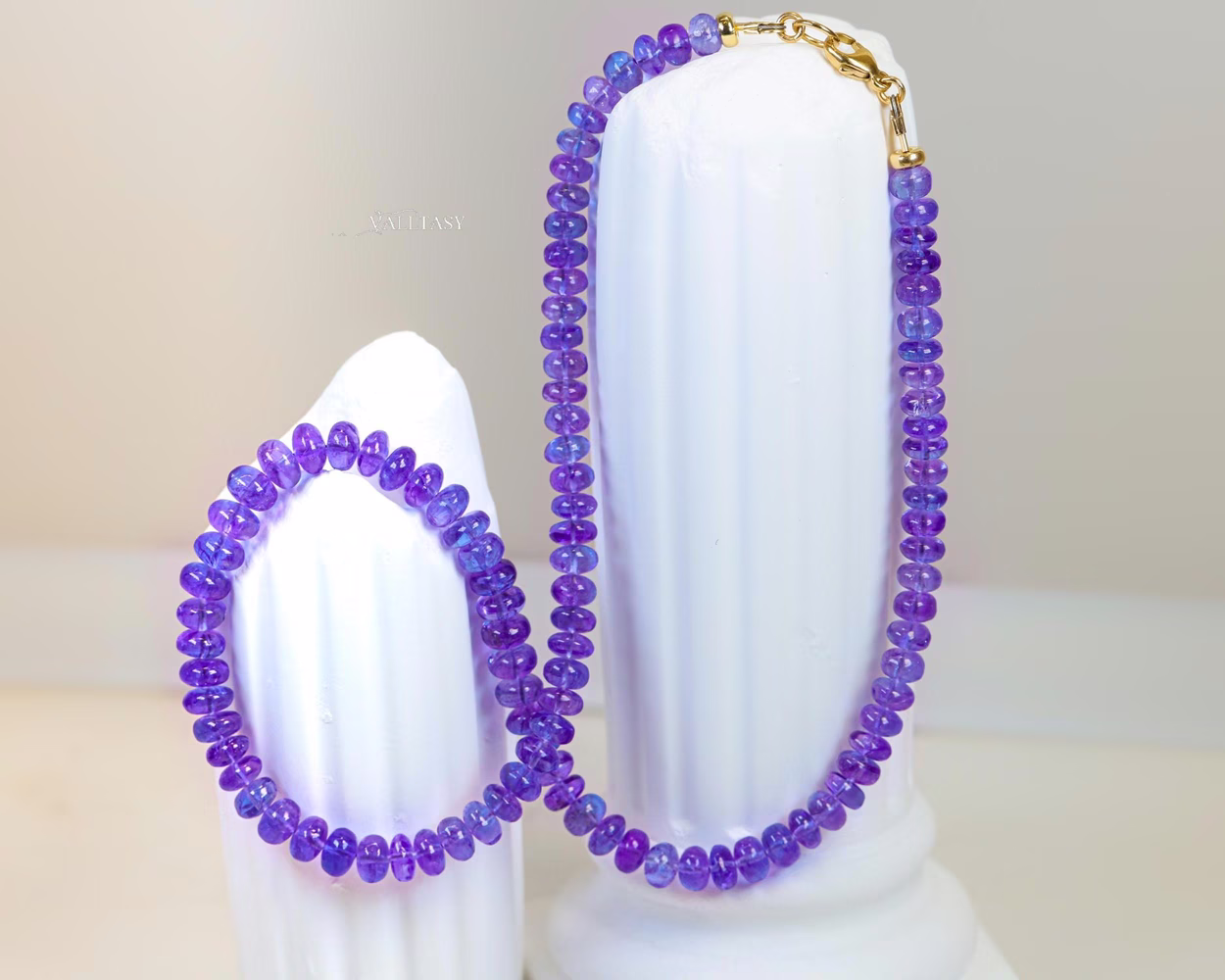 - Solid Gold 14K Tanzanite Necklace, Beaded Precious Stone Necklace