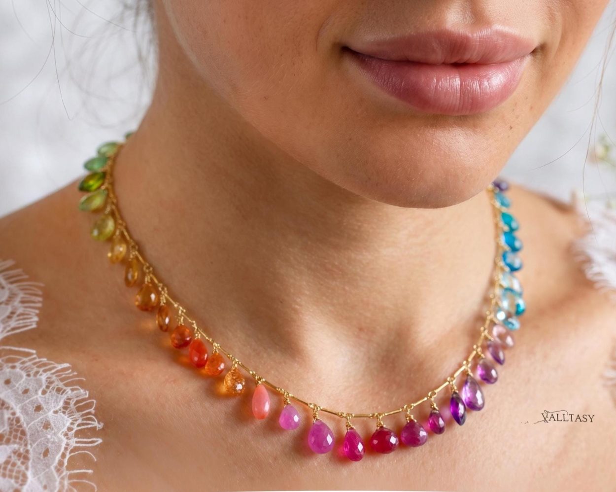 Colorful Multi Gemstone Necklace in a Rainbow Color Palette