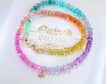 Solid Gold 14K Multi Gemstone Pastel Rainbow Beaded Necklace with a North Star Charm