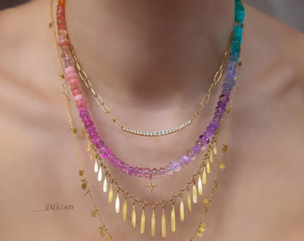 Solid Gold 14K Multi Gemstone Pastel Rainbow Beaded Necklace with a North Star Charm