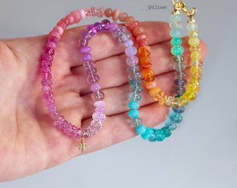 Solid Gold 14K Multi Gemstone Pastel Rainbow Beaded Necklace with a North Star Charm