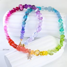 The Hope Necklace - Solid Gold 14K Multi Gemstone Rainbow Beaded Necklace with a Diamond Star Charm
