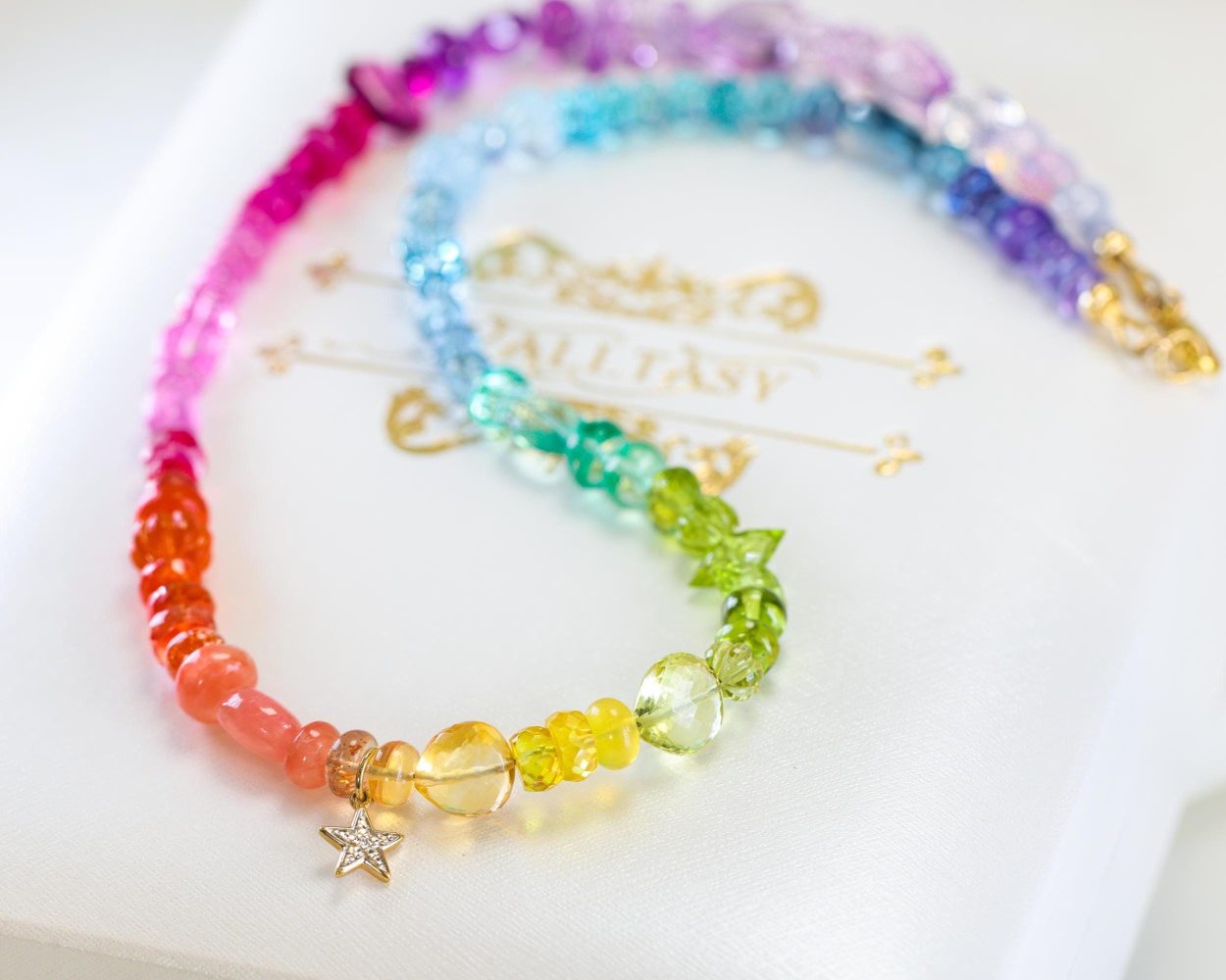 Solid Gold 14K Multi Gemstone Rainbow Beaded Necklace with a Diamond Star Charm