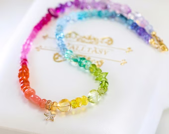 Solid Gold 14K Multi Gemstone Rainbow Beaded Necklace with a Diamond Star Charm