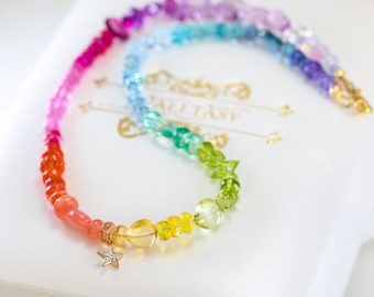 Solid Gold 14K Multi Gemstone Rainbow Beaded Necklace with a Diamond Star Charm