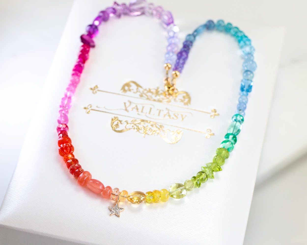 Solid Gold 14K Multi Gemstone Rainbow Beaded Necklace with a Diamond Star Charm