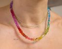 Solid Gold 14K Multi Gemstone Rainbow Beaded Necklace with a Diamond Star Charm