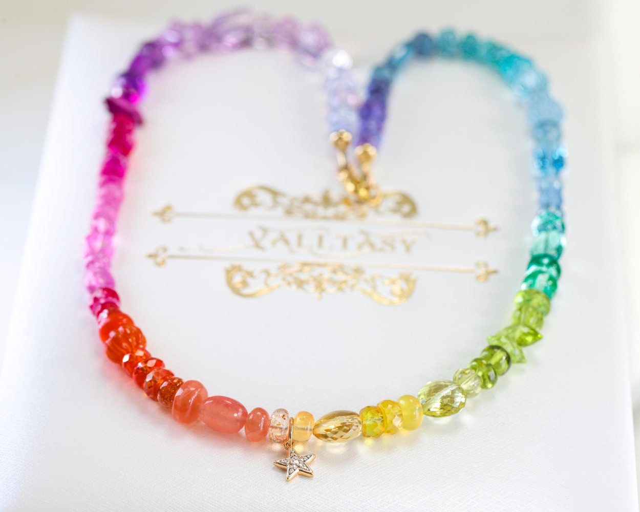 Solid Gold 14K Multi Gemstone Rainbow Beaded Necklace with a Diamond Star Charm