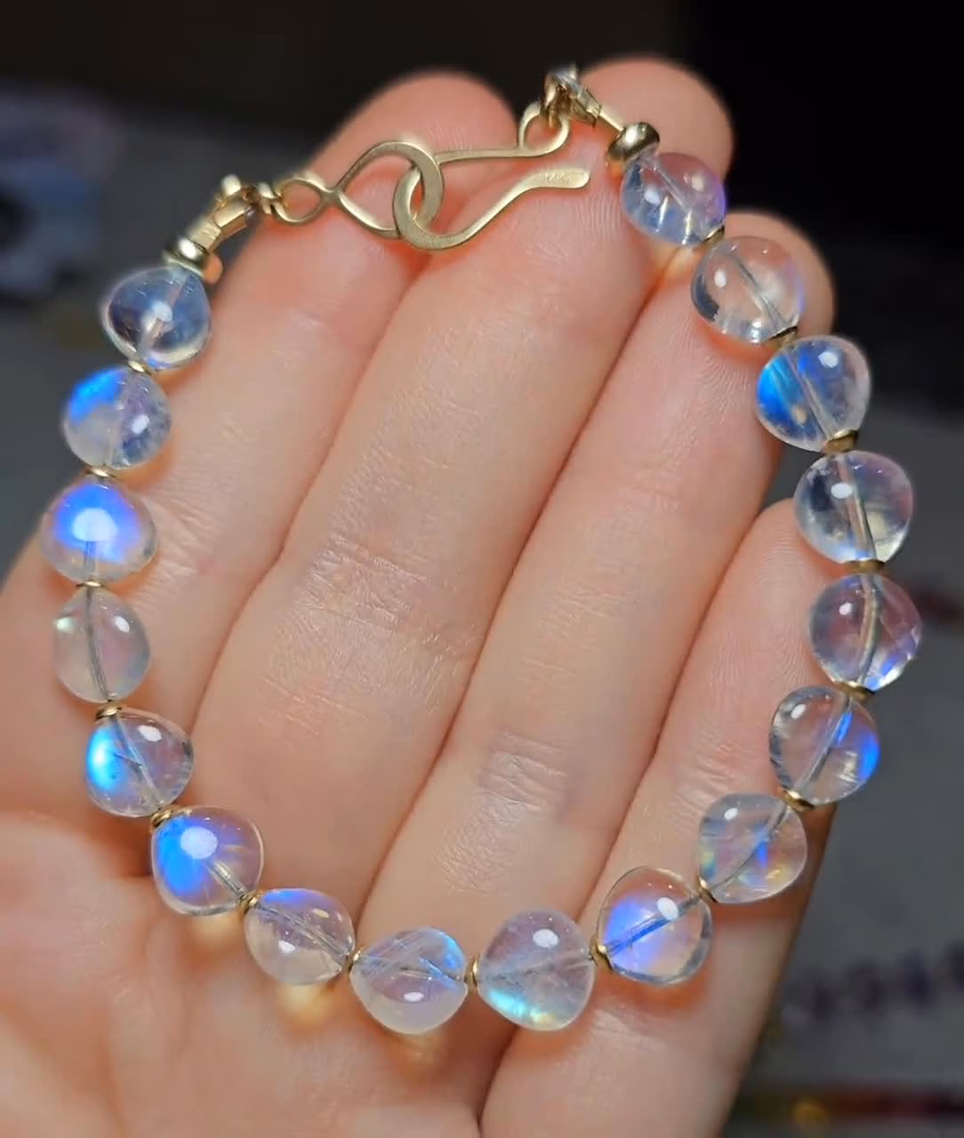 Solid Gold 14K Rainbow Moonstone Bracelet, Bold Blue Glow Moonstone Beaded Bracelet