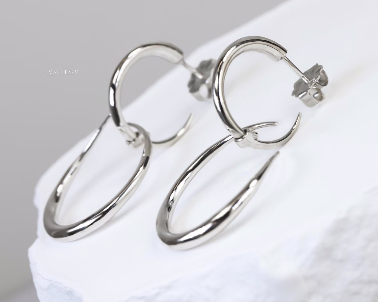 Double Hoop Earrings In Sterling Silver, Sculptural Dangle Earrings