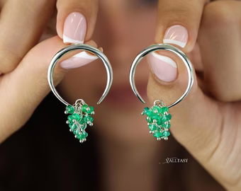 Emerald Hoop Earrings, Statement Dangle Earrings in Sterling Silver