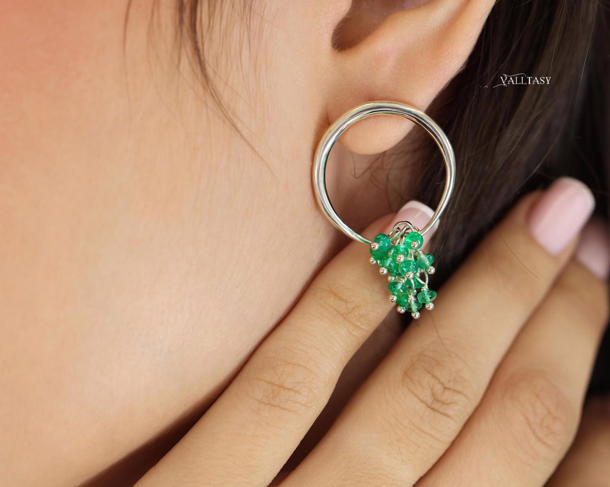Emerald Hoop Earrings, Statement Dangle Earrings in Sterling Silver