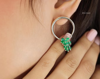 Emerald Hoop Earrings, Statement Dangle Earrings in Sterling Silver